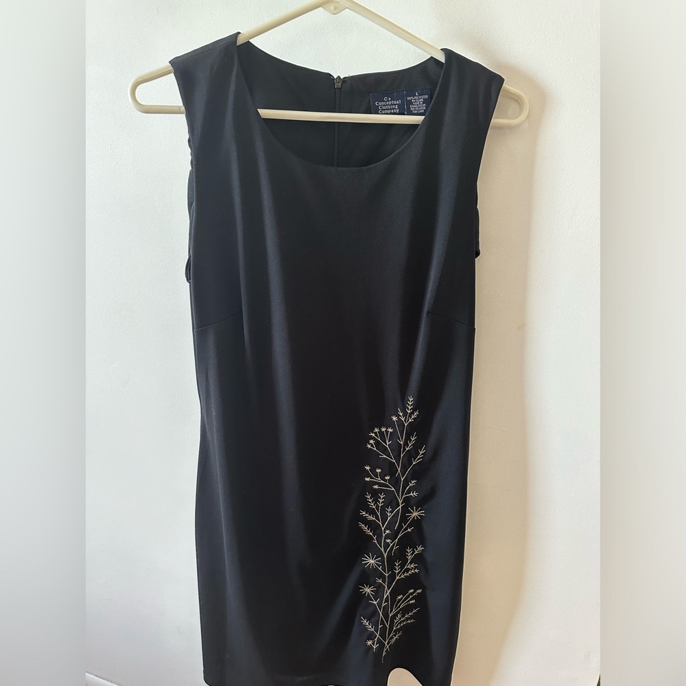 90s Black Embroidered Dress Shift Dress